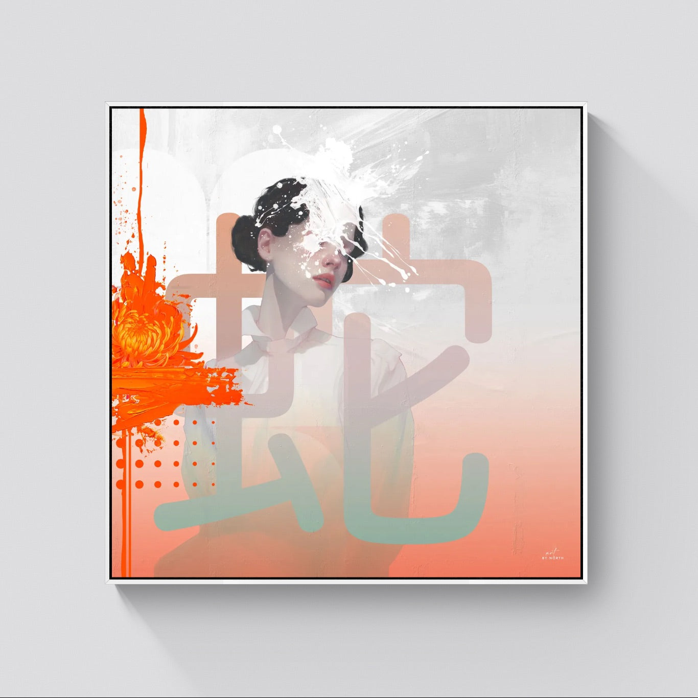modern wall art with white frame balancing strong color accents and composition