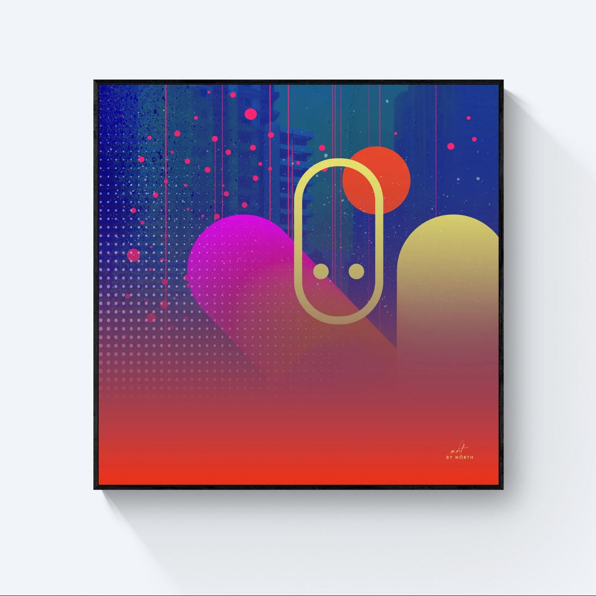 modern geometric wall art with black frame highlighting contrast and neon colors