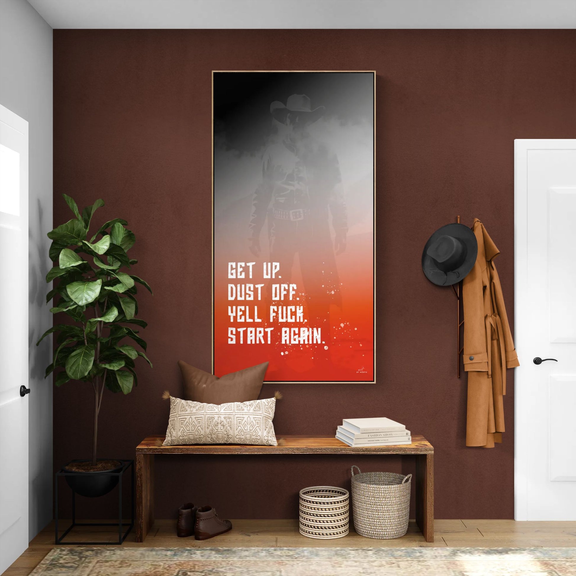 typography canvas wall art with bold text and red gradient in modern interior setting