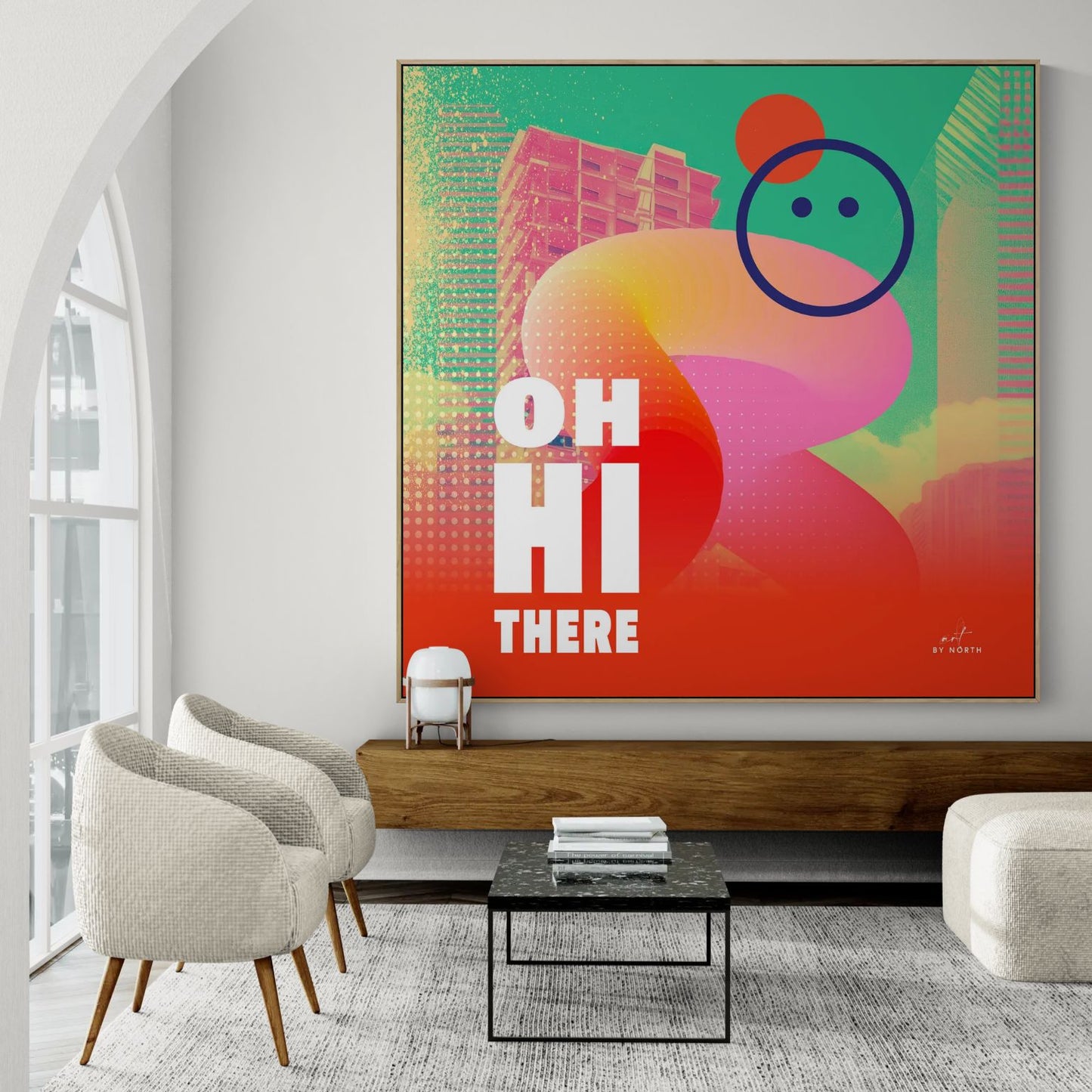 modern wall art with colorful geometric design in contemporary living room