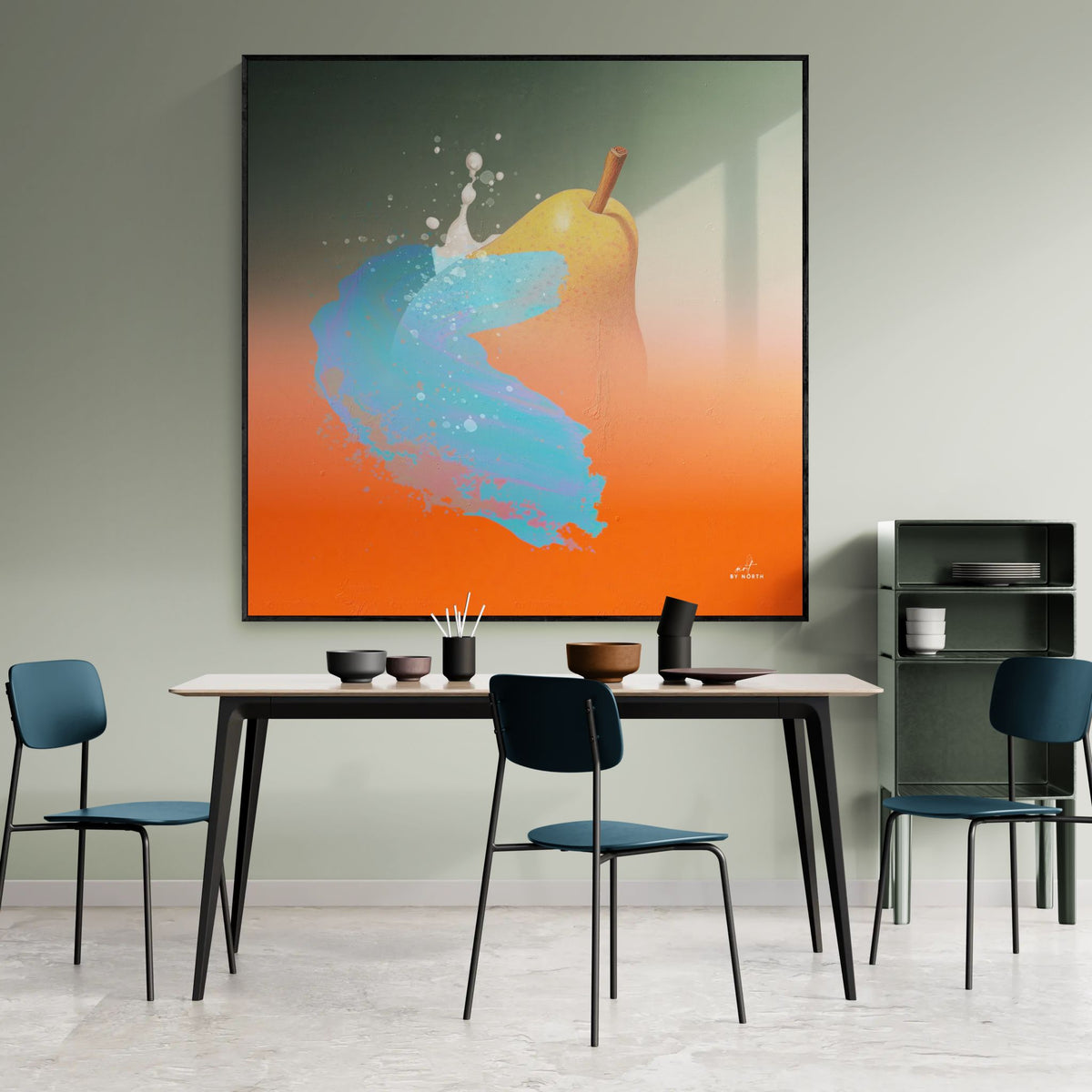 modern wall art in living room with bold color contrast blue splash and orange gradient