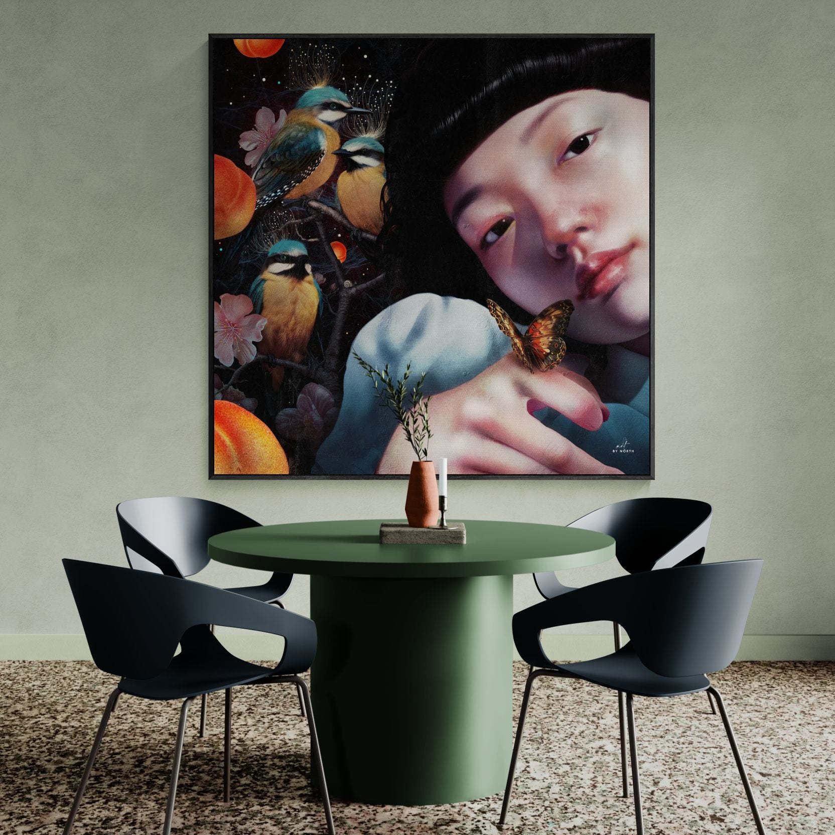 modern wall art with layered figurative composition and natural elements in dining area