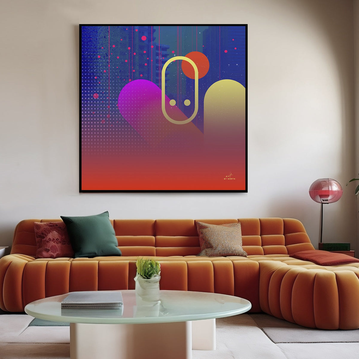 modern wall art with neon geometric composition in colorful retro living room