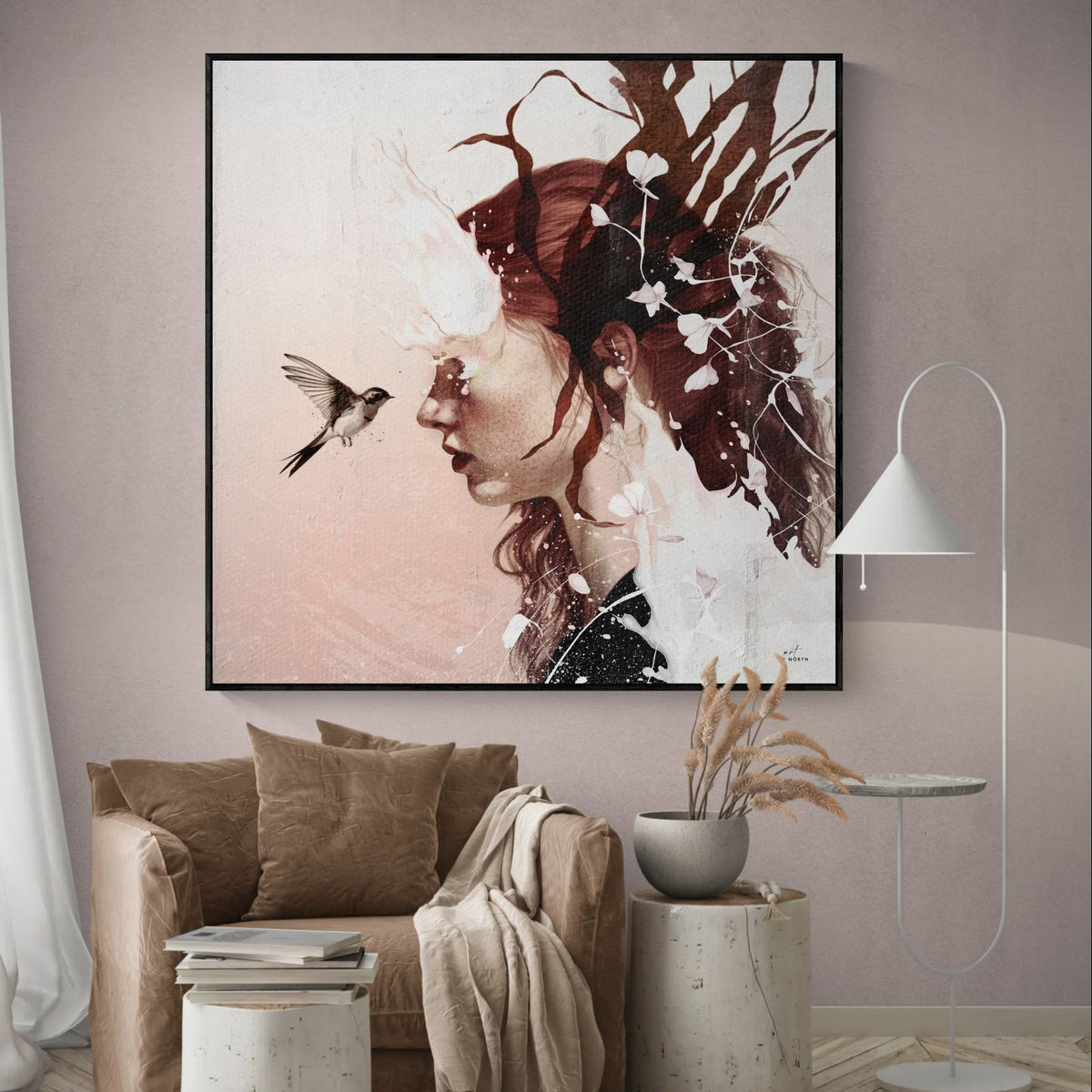 modern wall art with calm surreal composition and natural elements in soft interior setting
