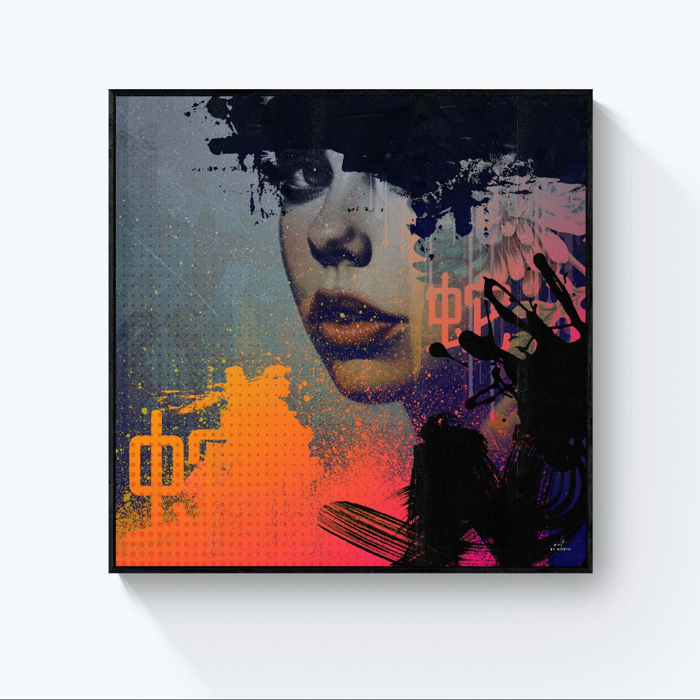 modern abstract portrait wall art with black frame enhancing depth and contrast