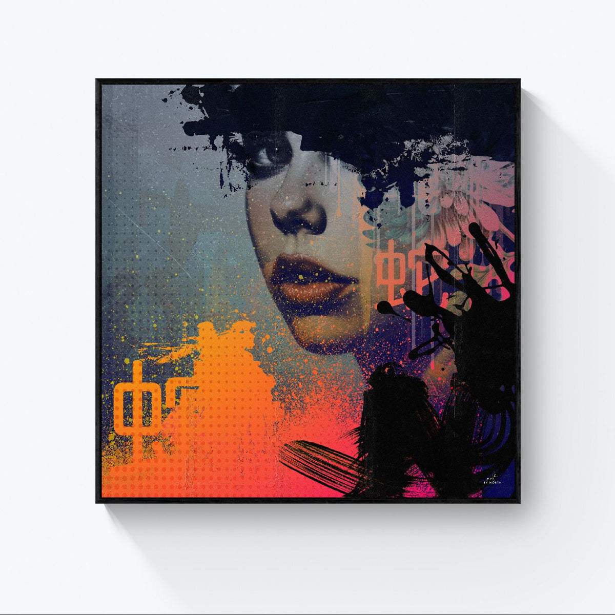 modern abstract portrait wall art with black frame enhancing depth and contrast