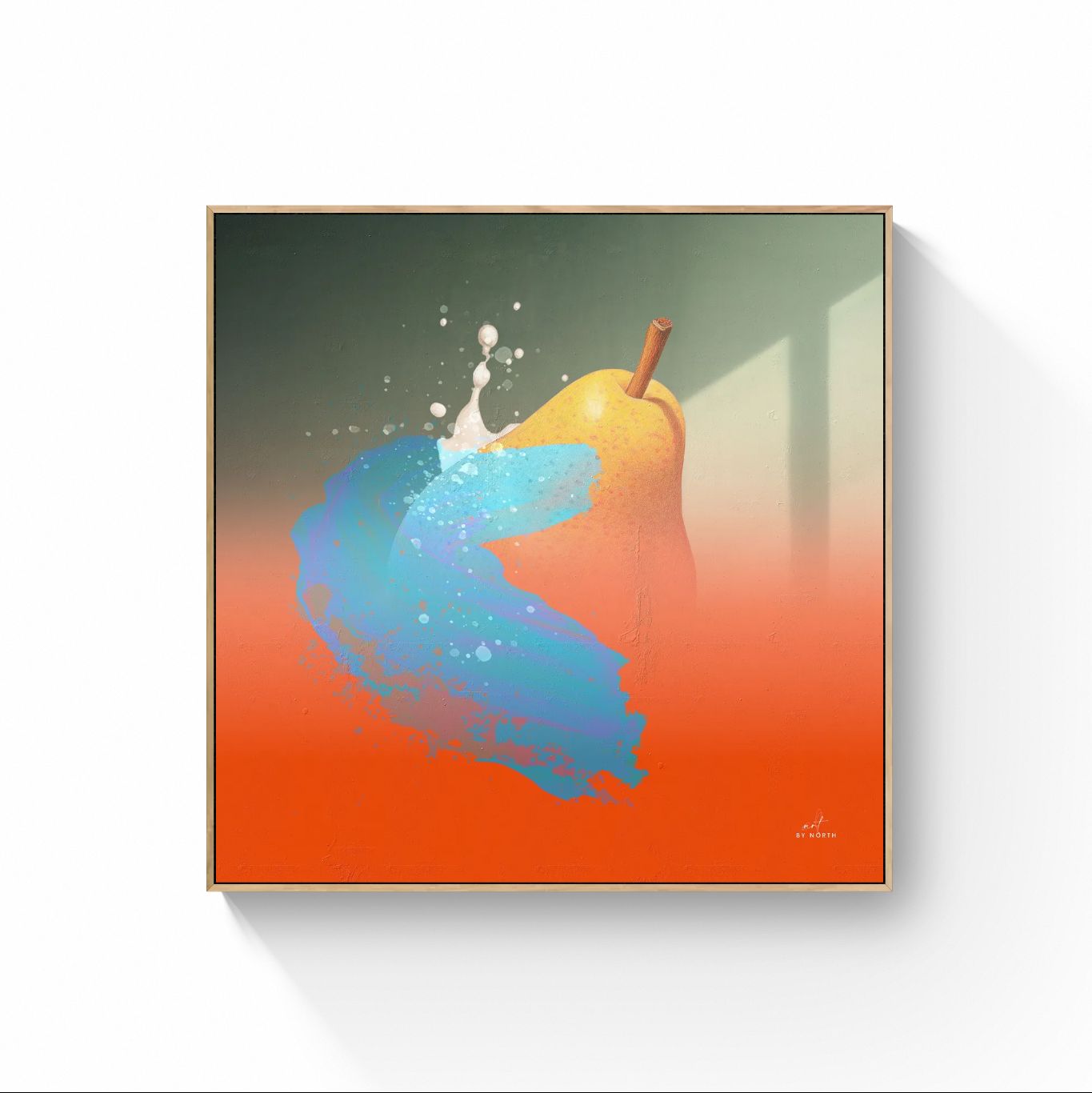 modern wall art with oak frame adding warmth to white wall