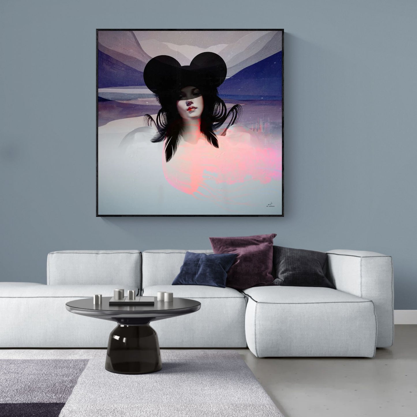 modern wall art with soft figurative design in calm contemporary living room