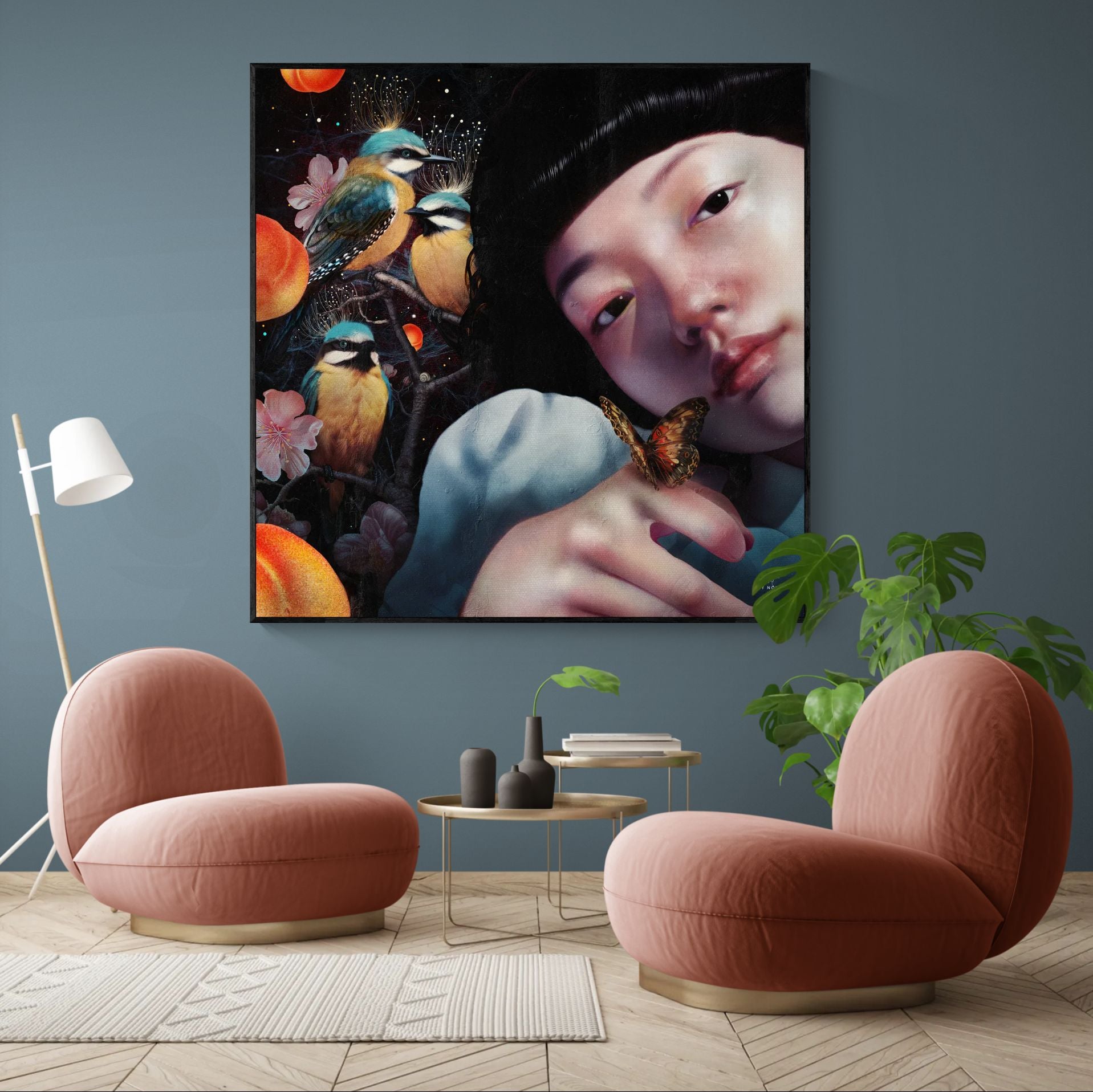 modern wall art with detailed figurative portrait and natural elements in contemporary living room