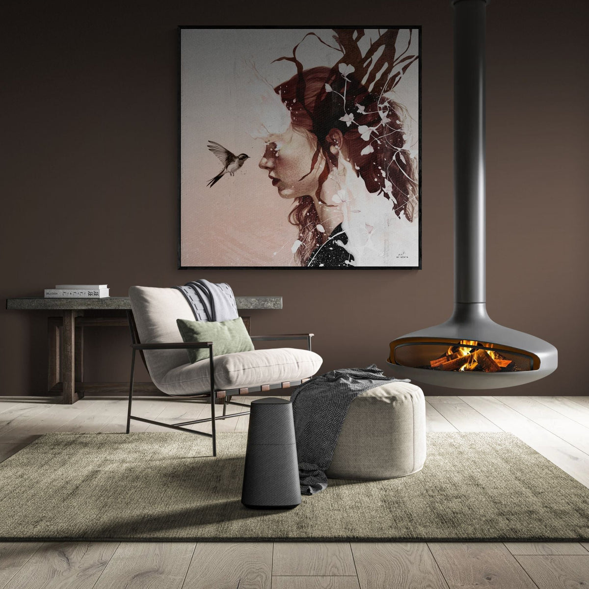modern surreal wall art with female portrait and nature elements in calm living room
