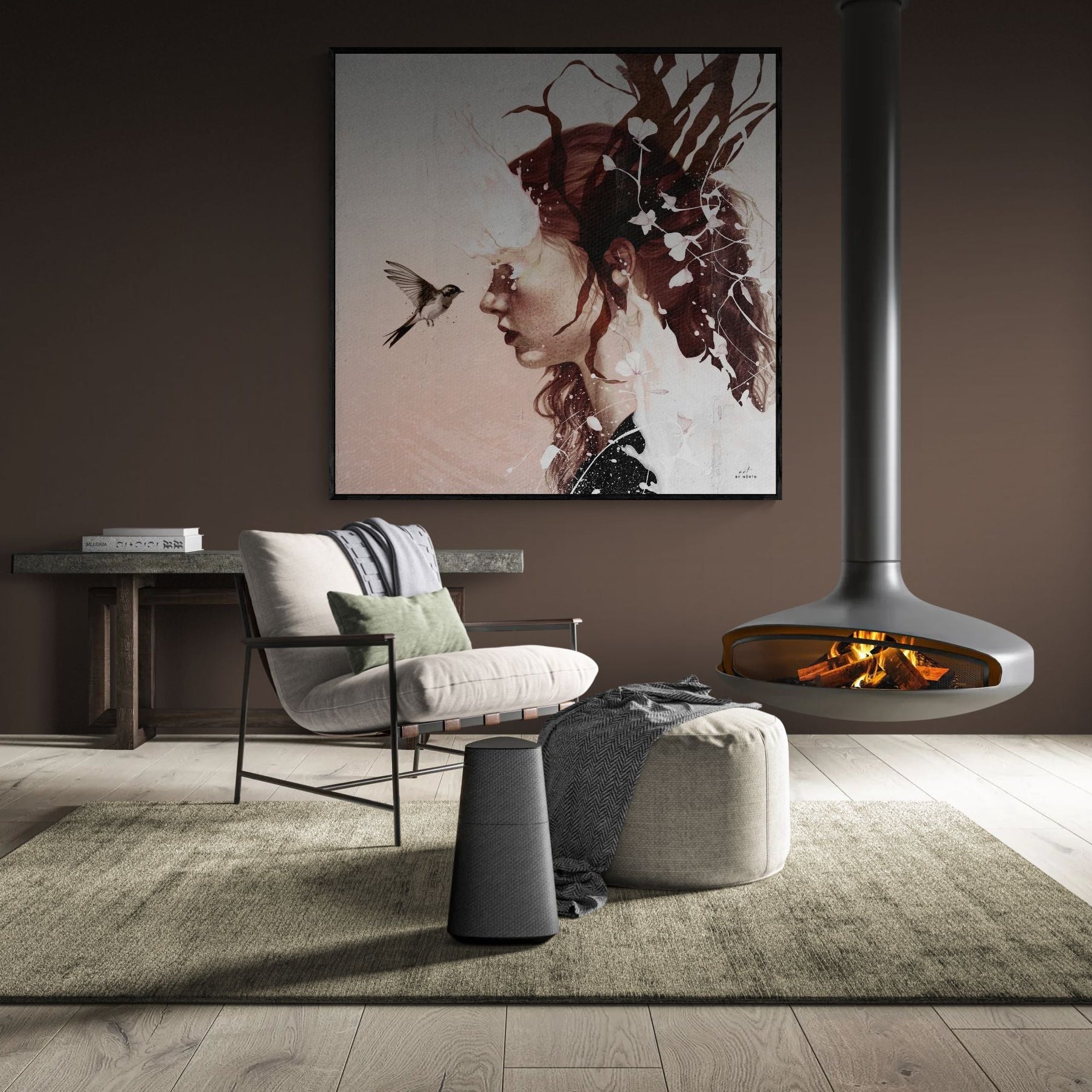 modern surreal wall art with female portrait and nature elements in calm living room
