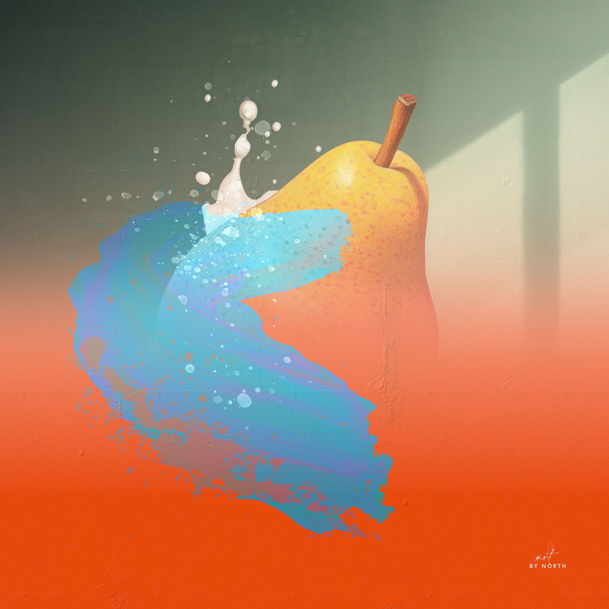 modern wall art with pear motif blue splash and warm orange gradient background