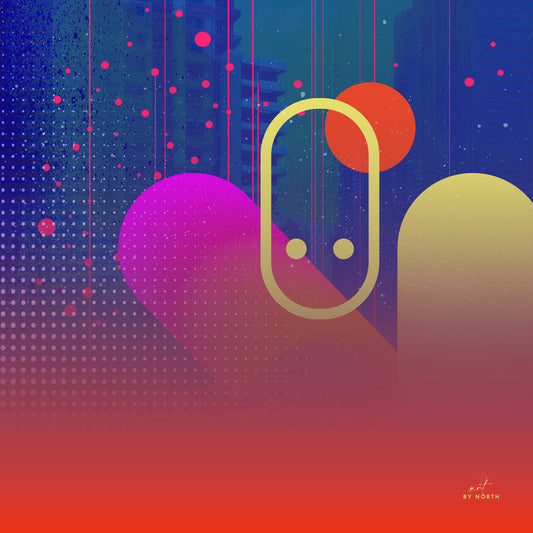 modern wall art with geometric shapes neon gradient colors blue pink orange and yellow