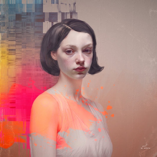 figurative portrait wall art with neon color accents and digital distortion in contemporary style