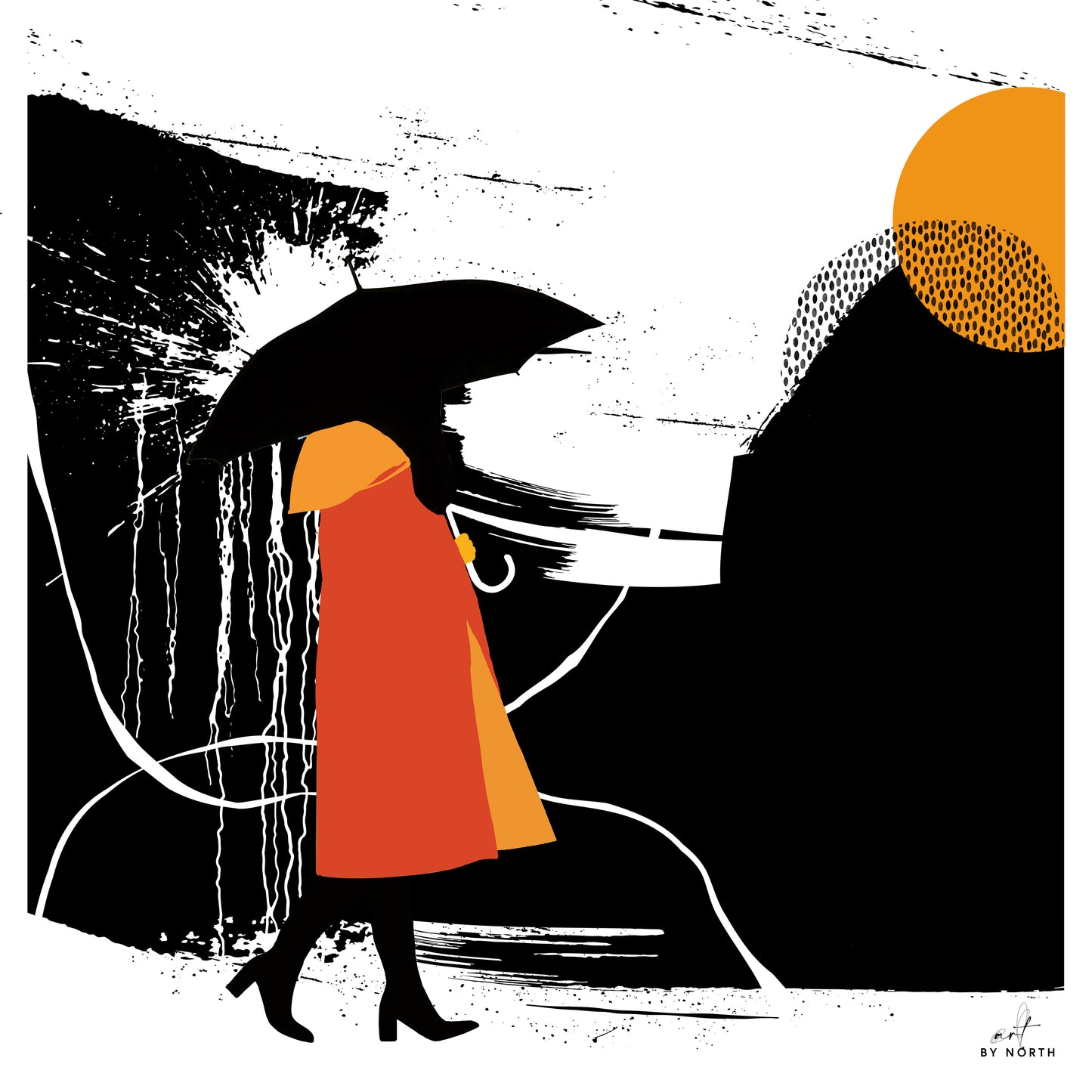nocturne 07 graphic silhouette wall art with female figure, bold black shapes and orange accents