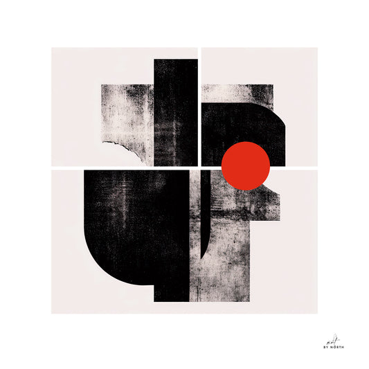Ordo in Absentia abstract canvas print wall art with black geometric shapes and red accent