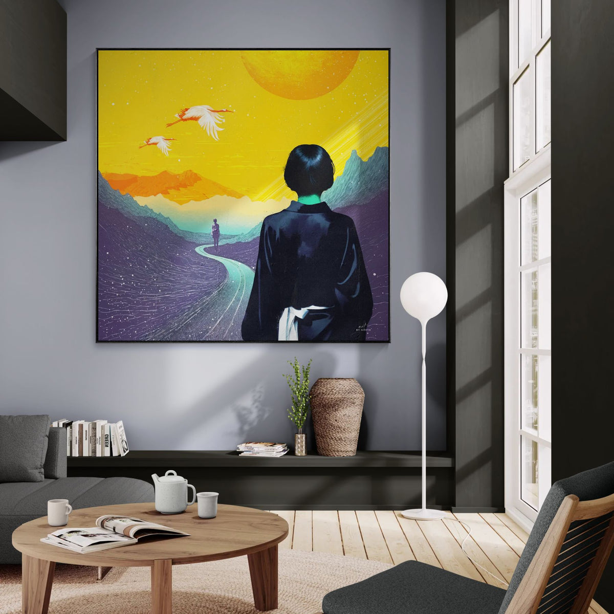figurative portrait canvas print in living room on light gray wall