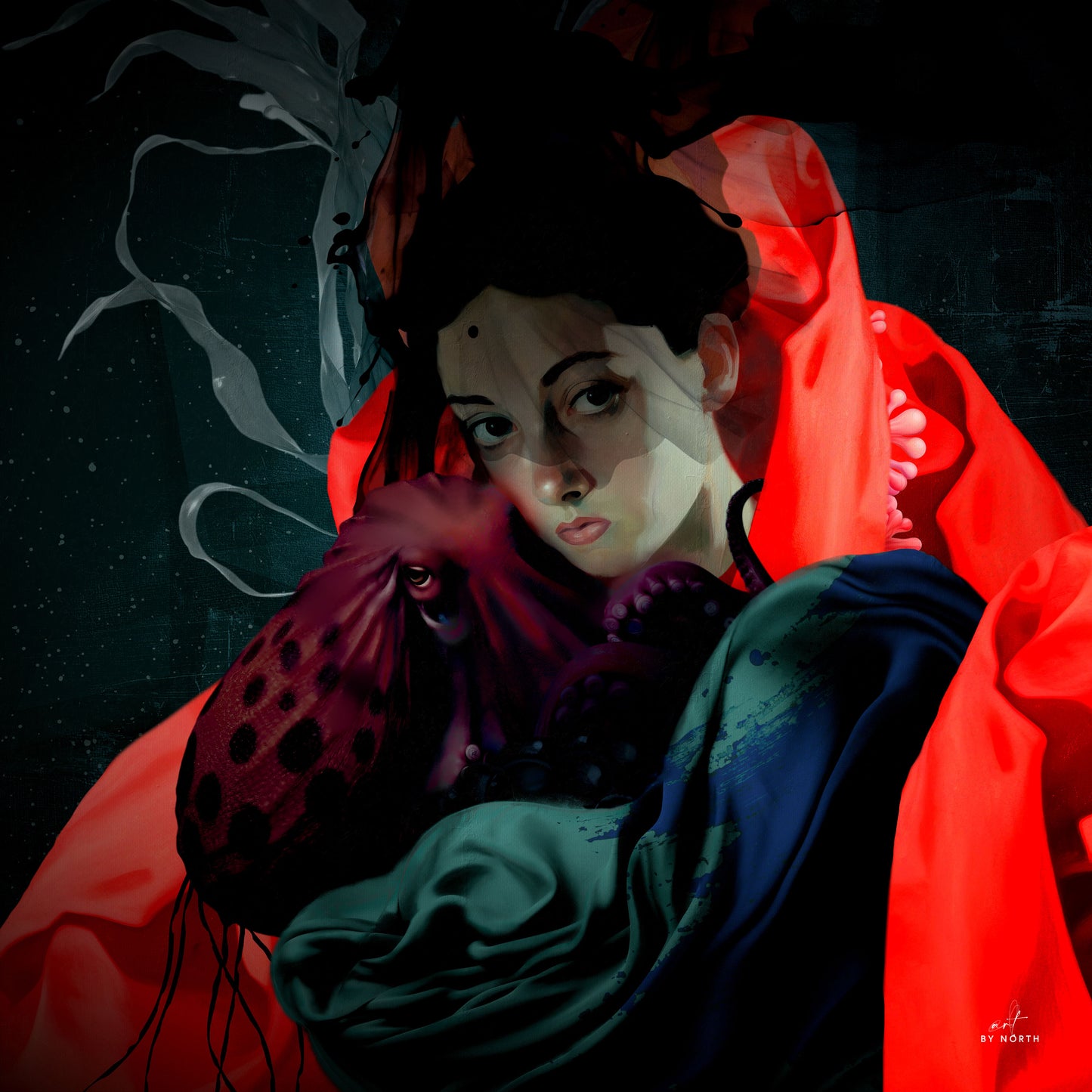 Poésie Sous l’Eau surreal portrait canvas wall art with deep red tones and cinematic lighting