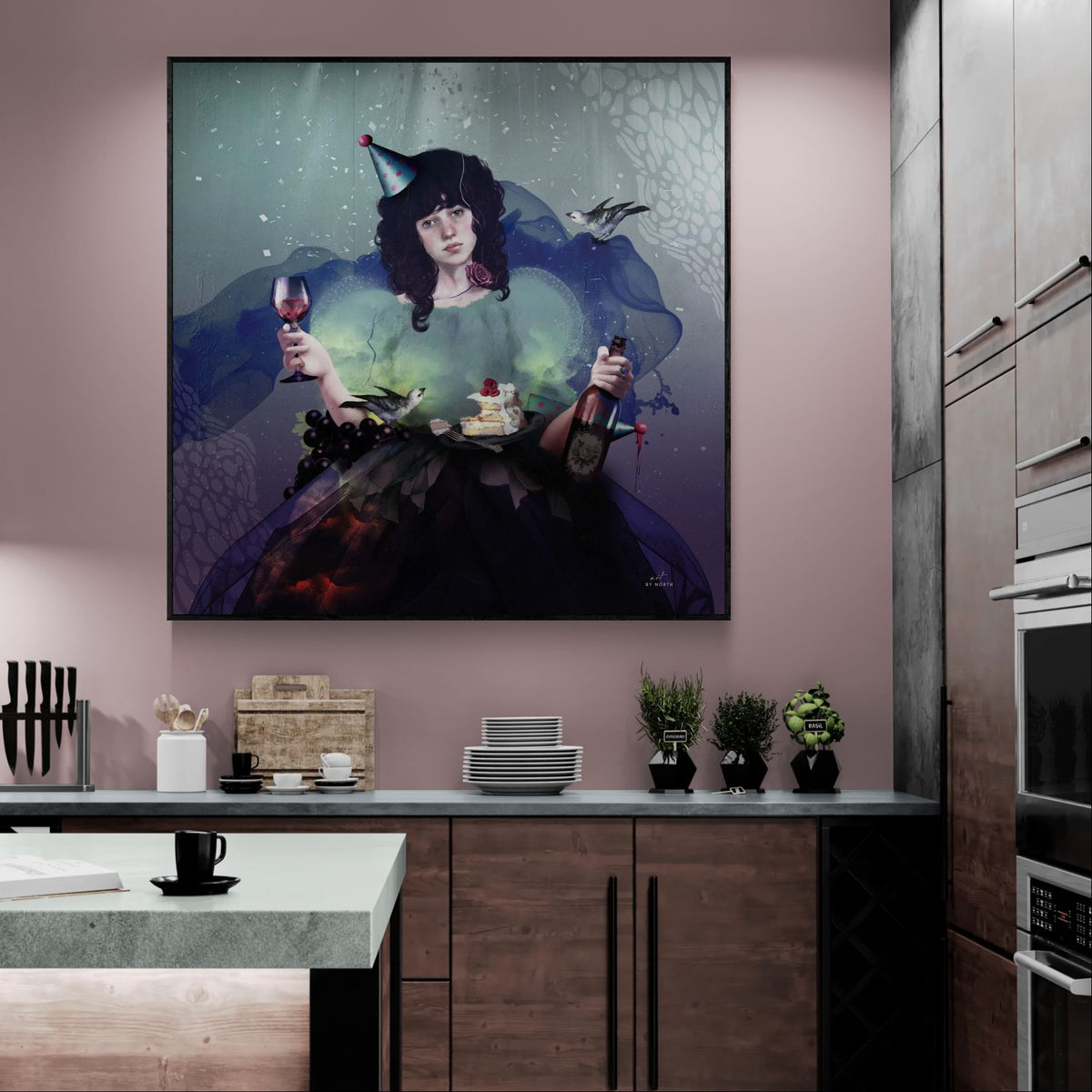 portrait canvas wall art in modern kitchen on light pink wall with female figurative composition 