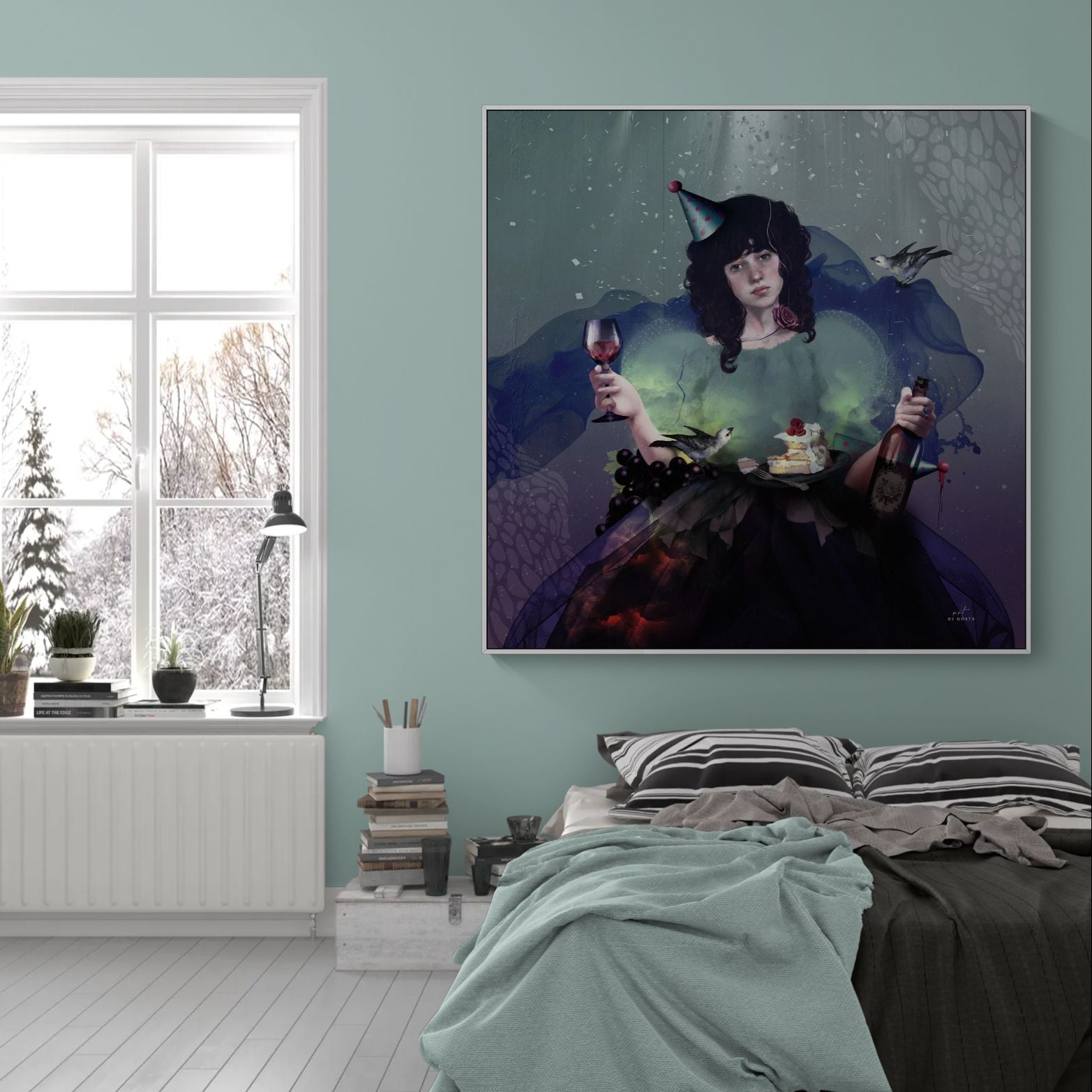 portrait canvas wall art in bed room with figurative composition and rich color tones on mint wall