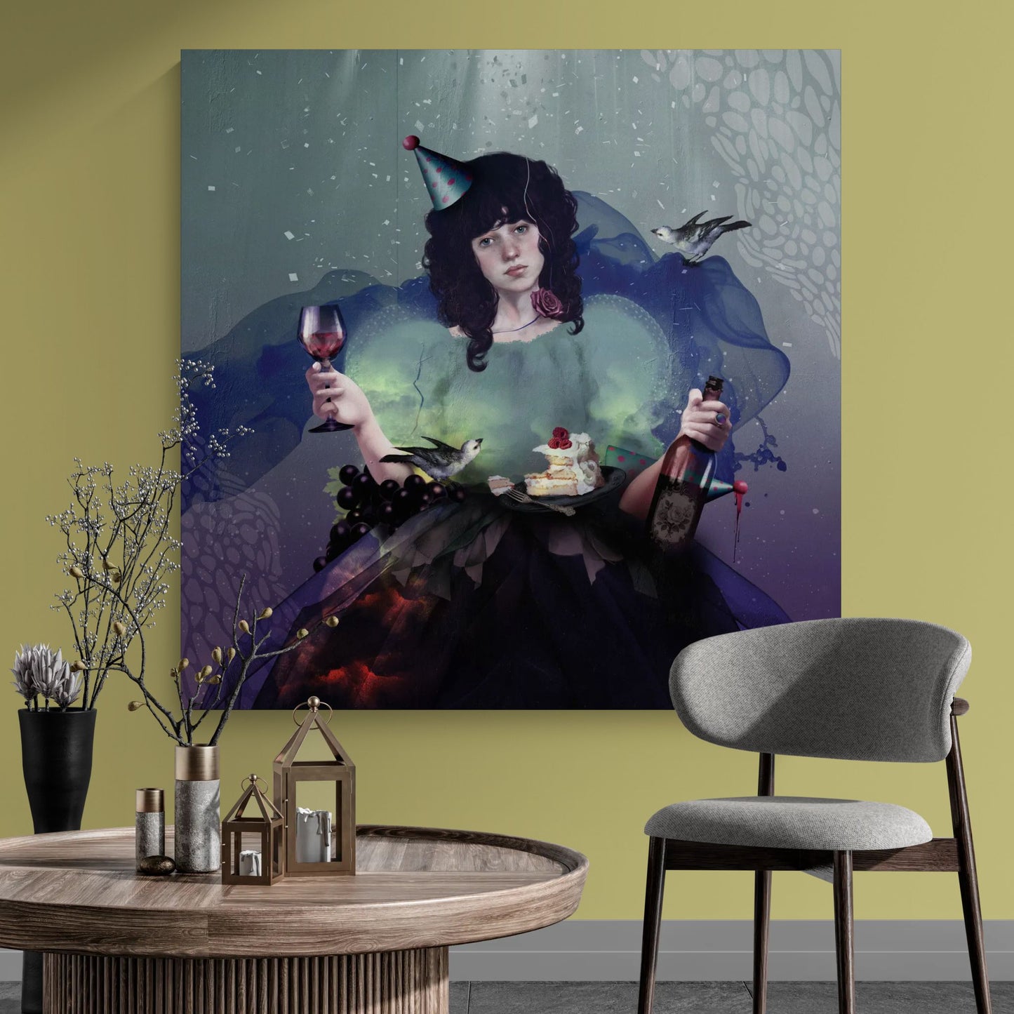 portrait canvas wall art in modern living room with figurative composition on dusty yellow wall