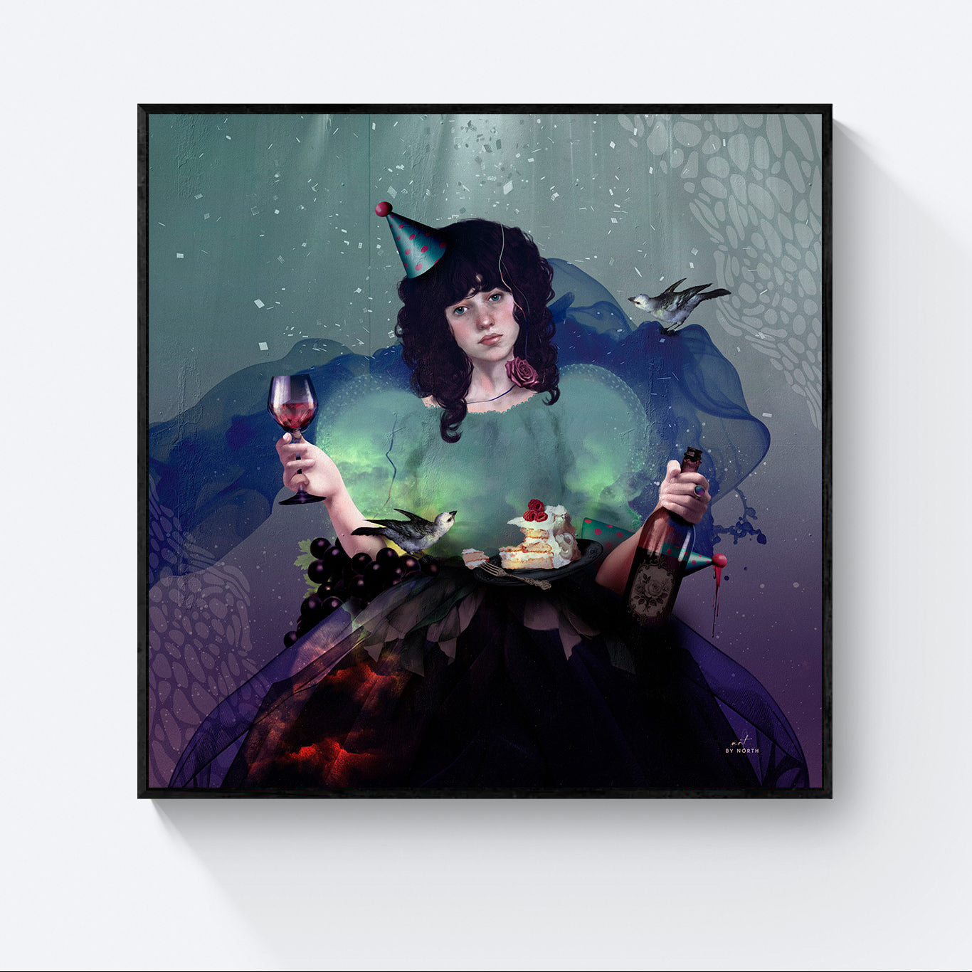 portrait canvas wall art with black floater frame and detailed figurative composition