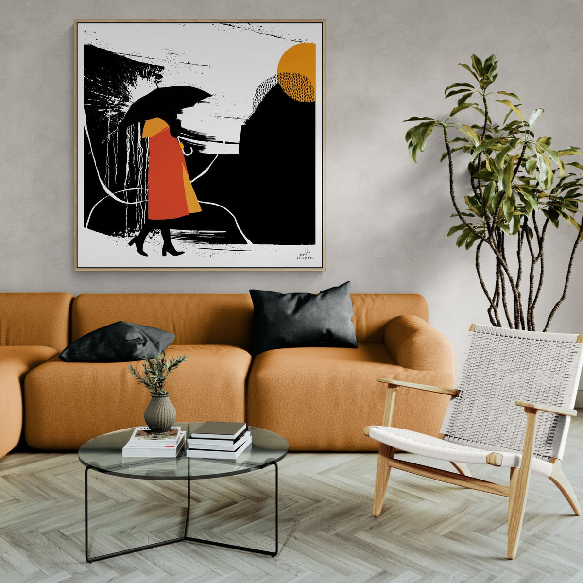 graphic silhouette wall art canvas print in modern living room with bold black and orange contrast design