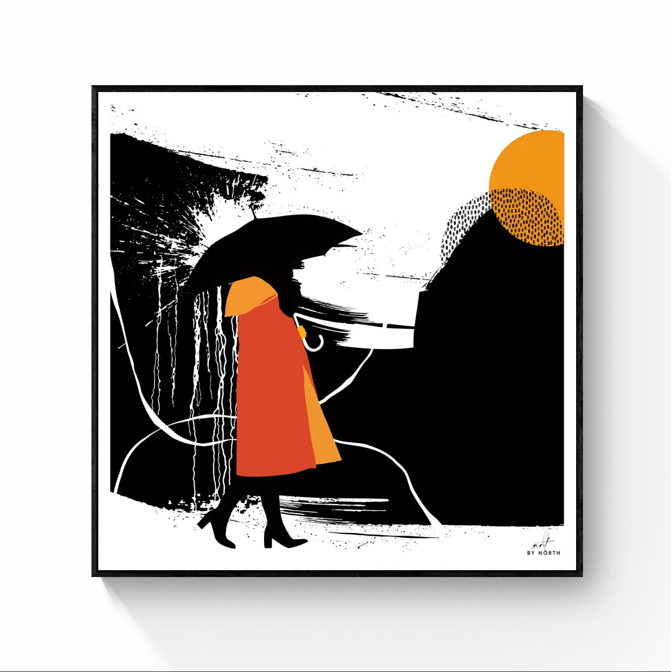graphic silhouette canvas wall art with black floater frame and bold graphic composition