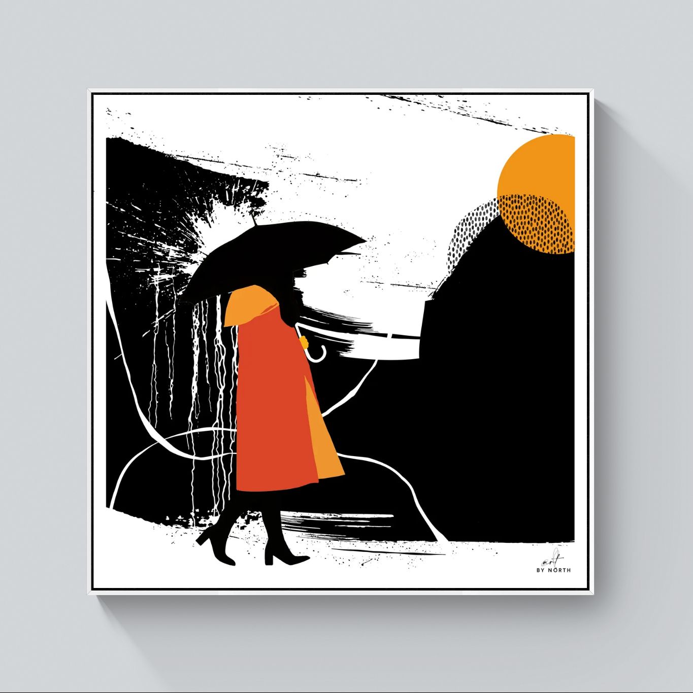 silhouette canvas wall art with white floater frame and strong contrast design