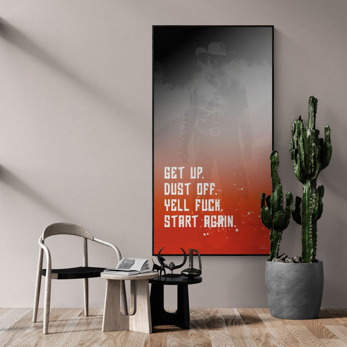 space cowboy typography wall art with bold motivational quote red gradient and dark background
