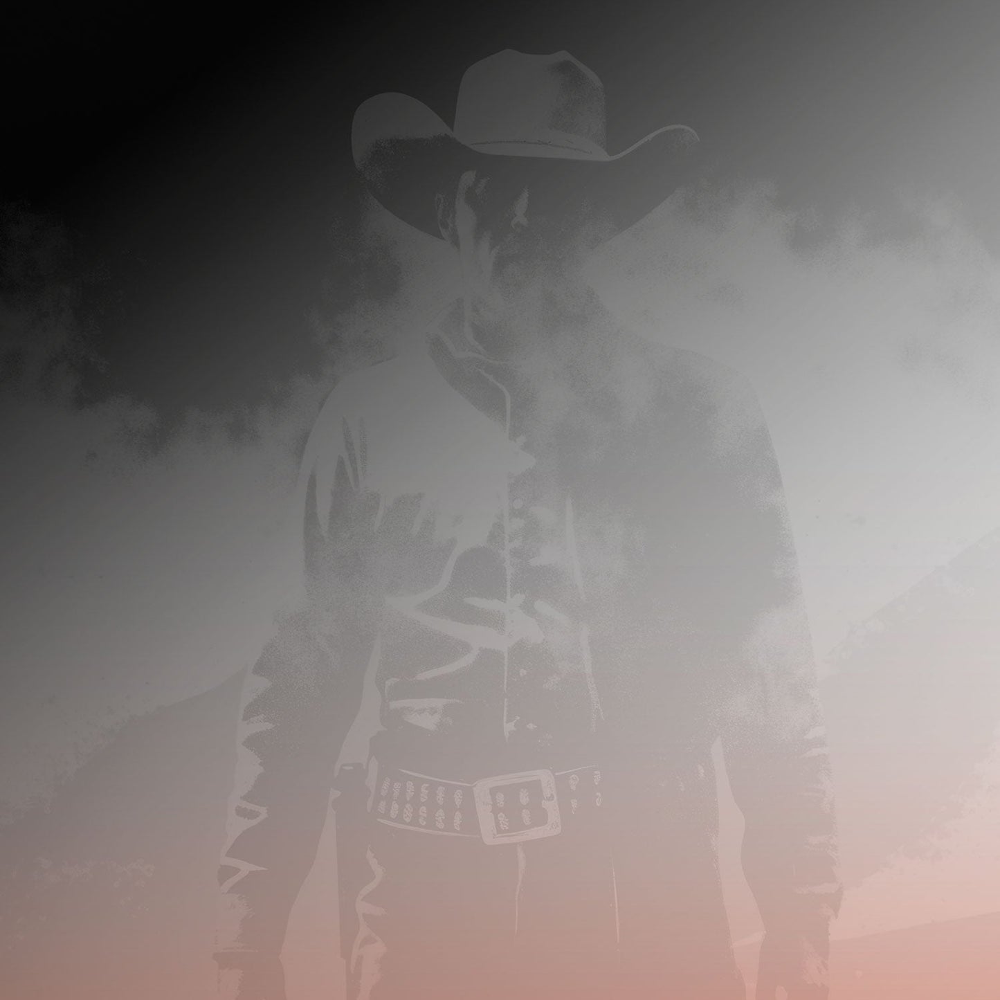 Western-inspired wall art with dramatic figure and red backdrop