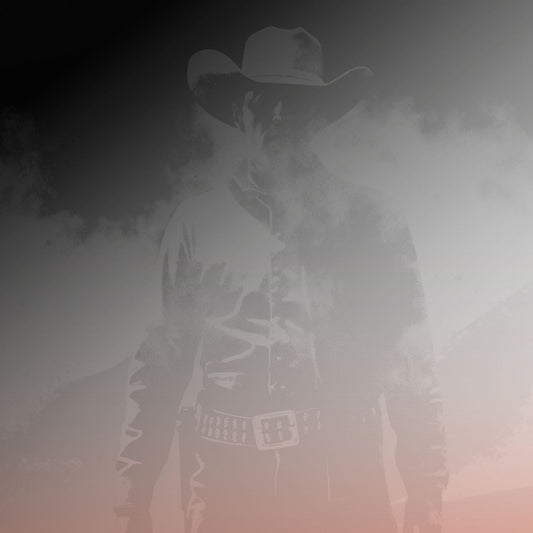 Western-inspired wall art with dramatic figure and red backdrop