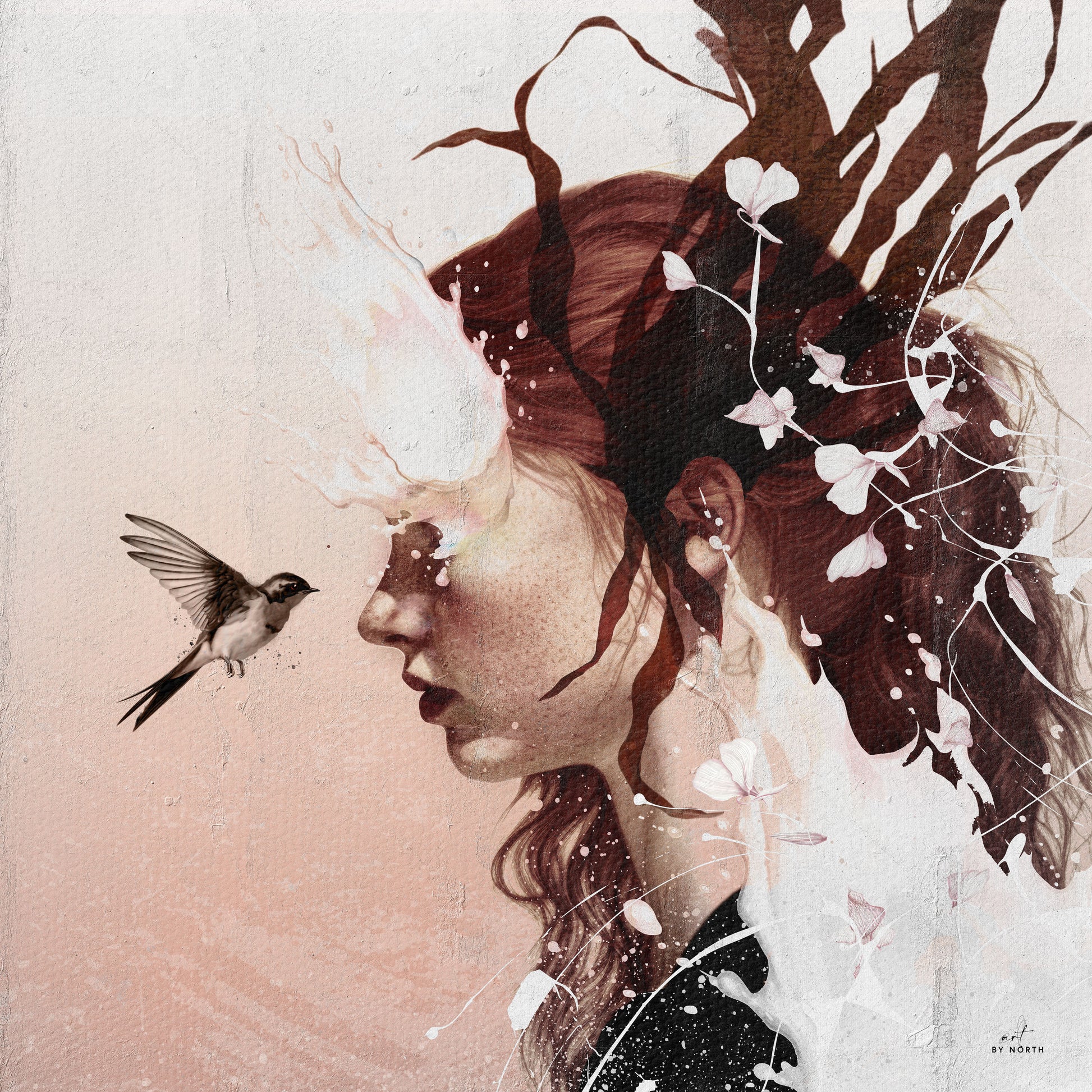 modern wall art with surreal female portrait tree branches flowers and soft neutral tone