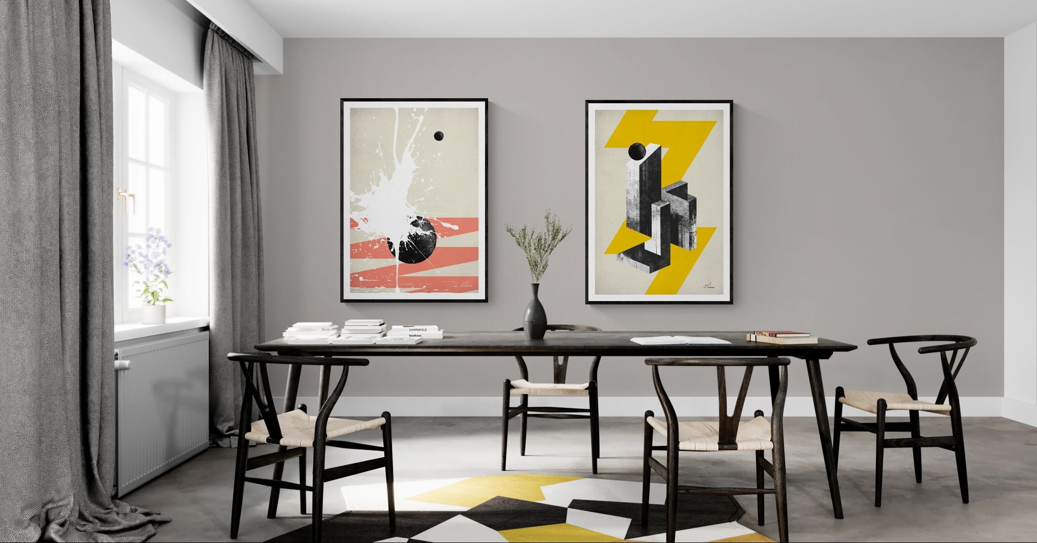 MidAir Assembly and Solar Ghost canvas prints in stylish living room with light warm gray wall