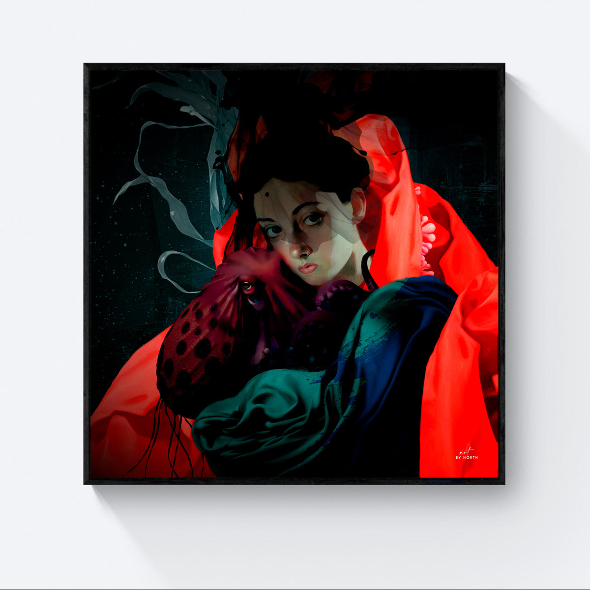 surreal portrait canvas wall art with black floater frame on neutral wall