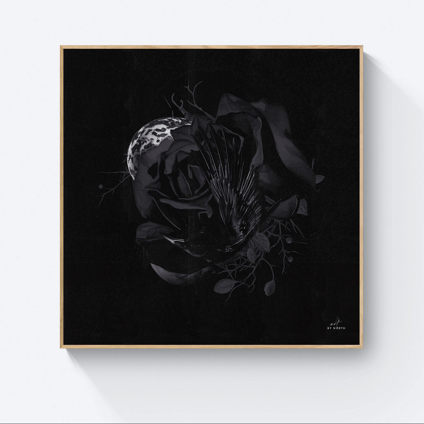 surreal dark canvas wall art with oak floater frame on bright wall