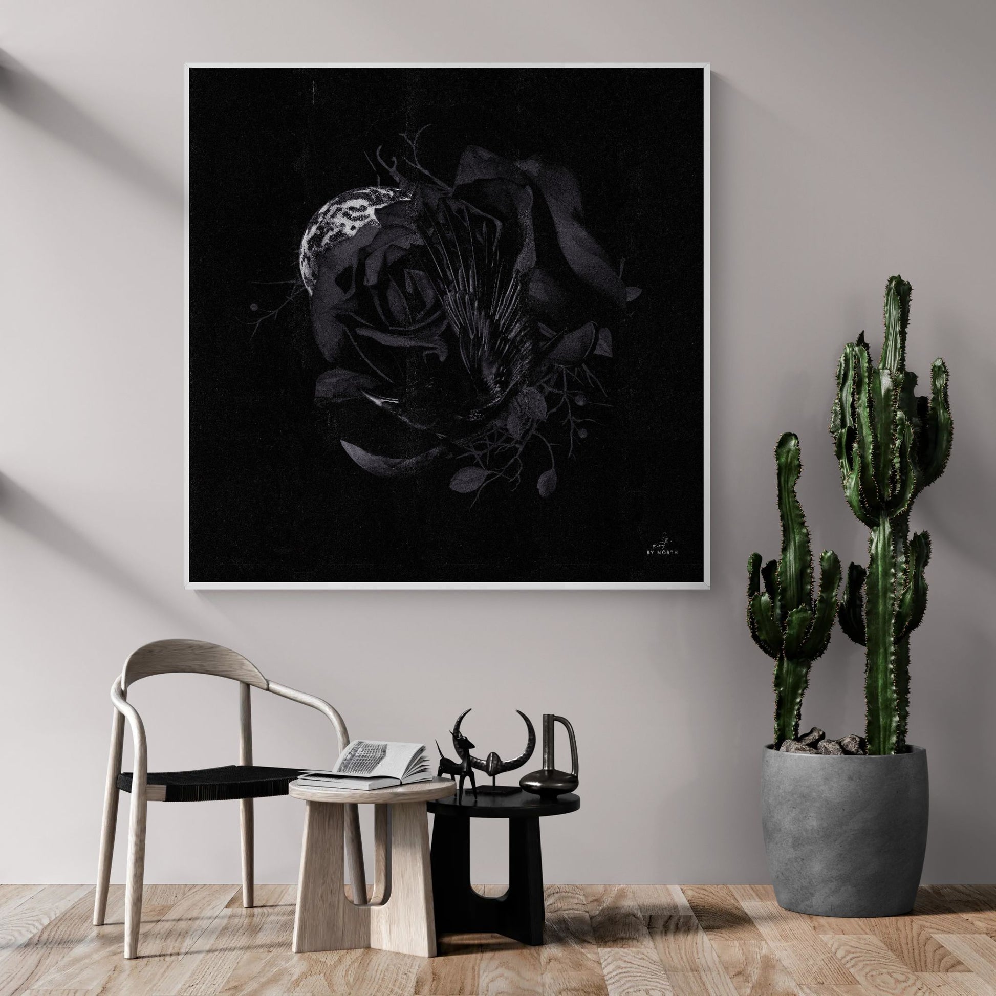 surreal dark canvas wall art in modern living room interior with cactus and modern furniture