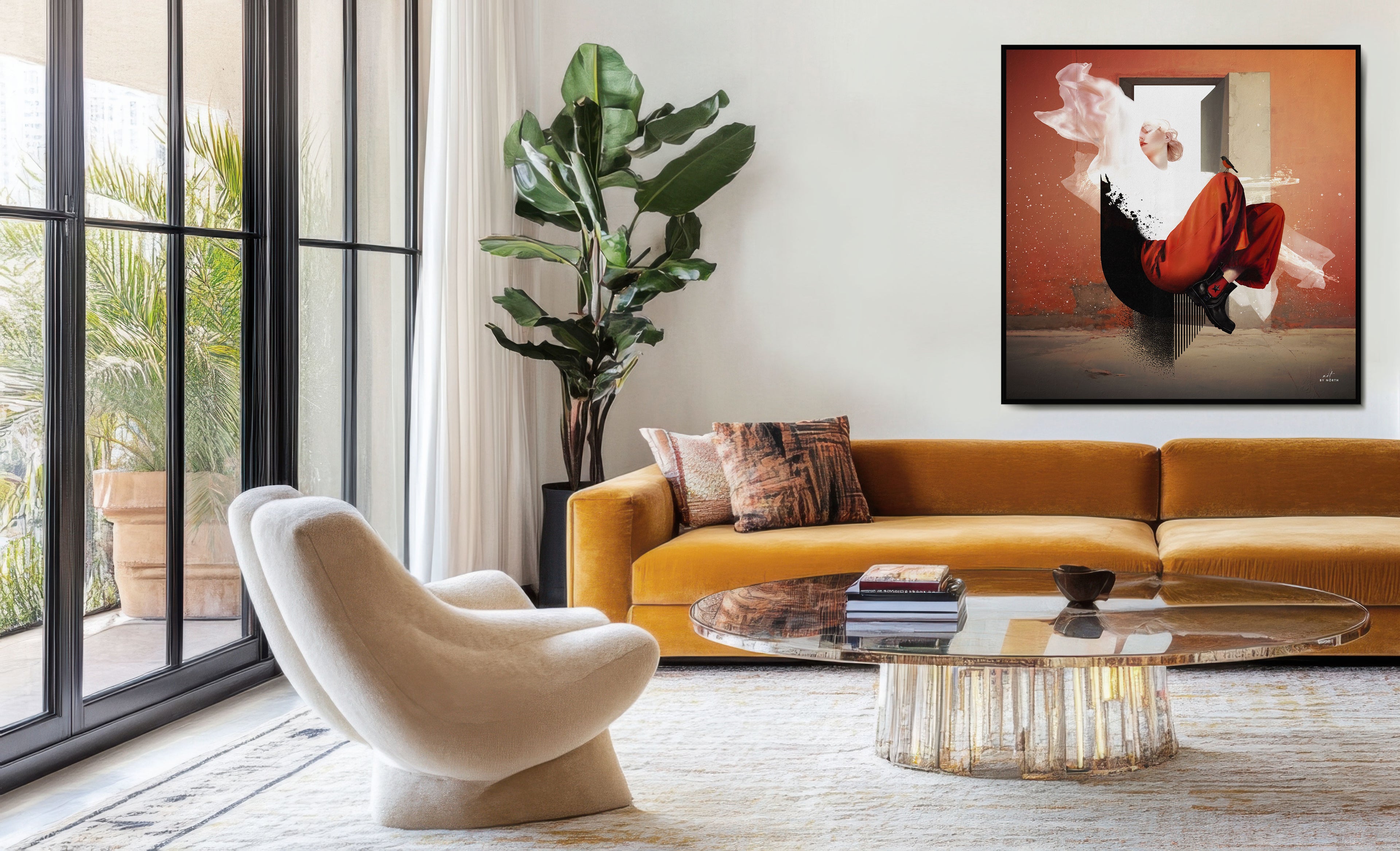 Surreal figurative canvas wall art styled in a modern living room above a mustard yellow sofa, creating a bold contemporary focal point.