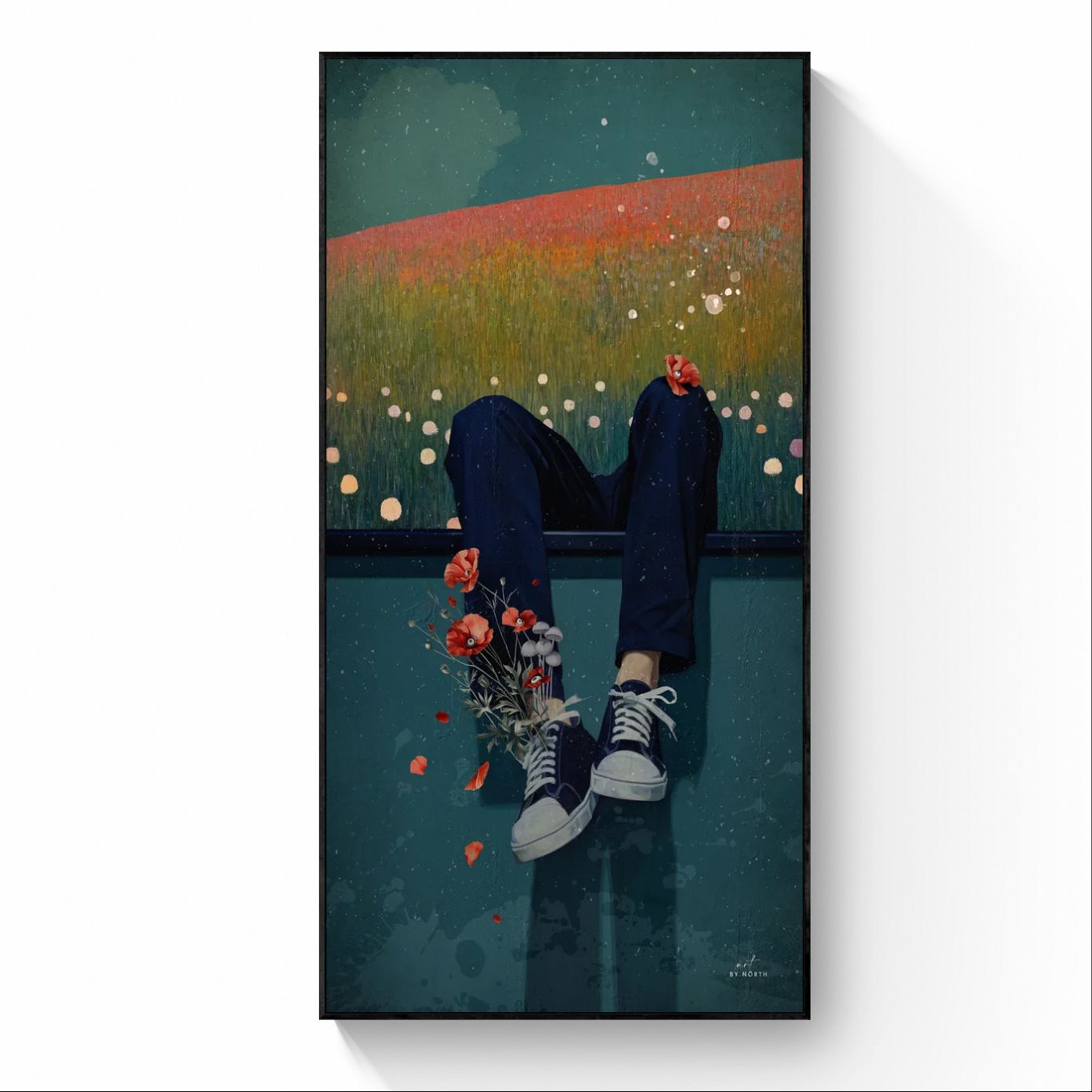 surreal figurative canvas wall art with black floater frame on neutral wall