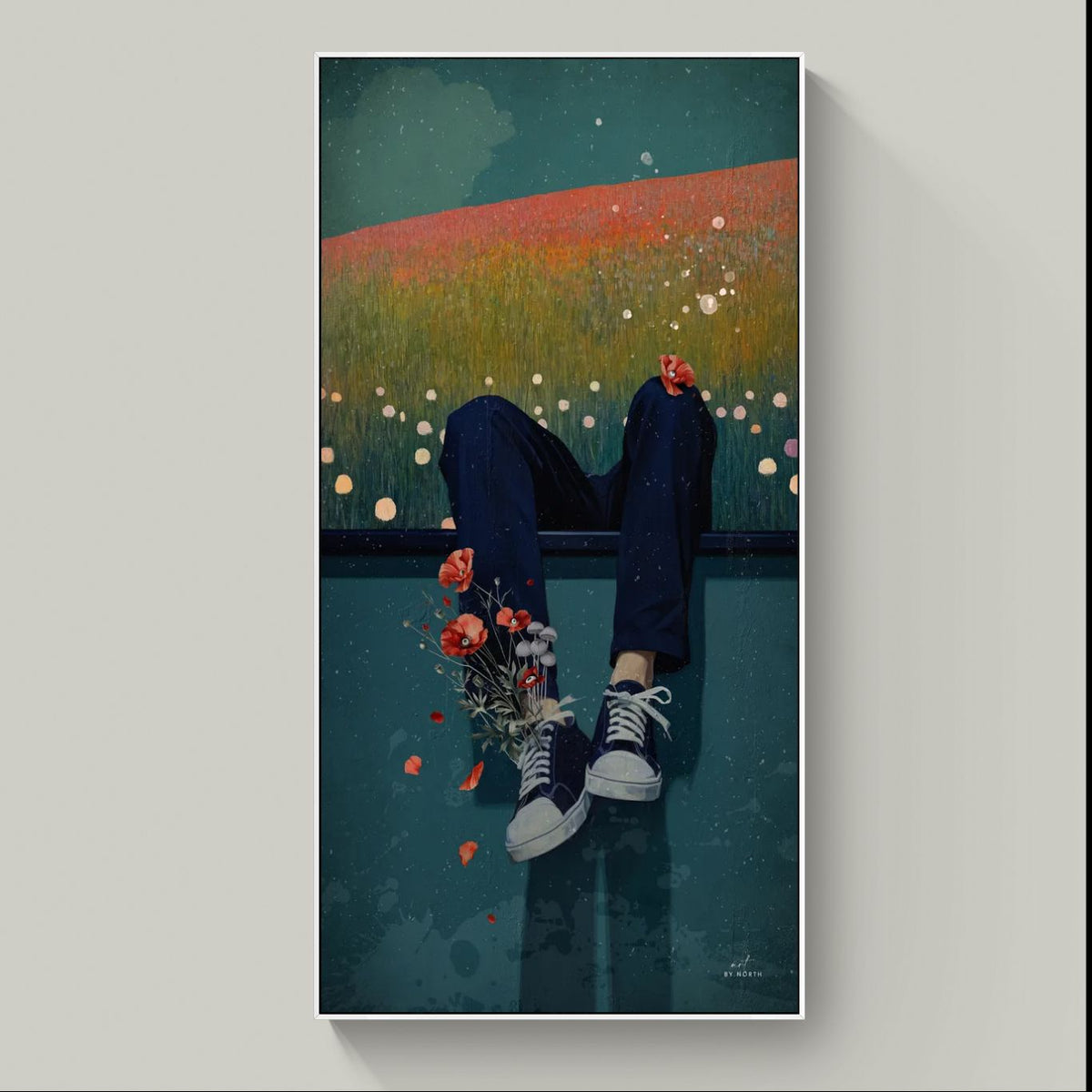 surreal figurative canvas wall art with white floater frame on bright wall