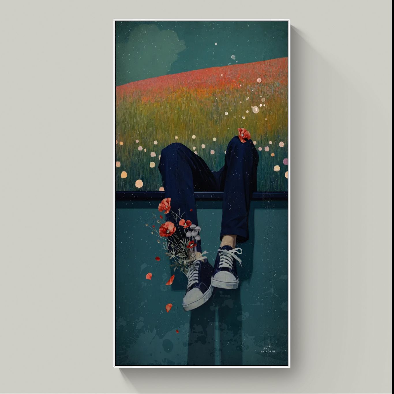 surreal figurative canvas wall art with white floater frame on bright wall
