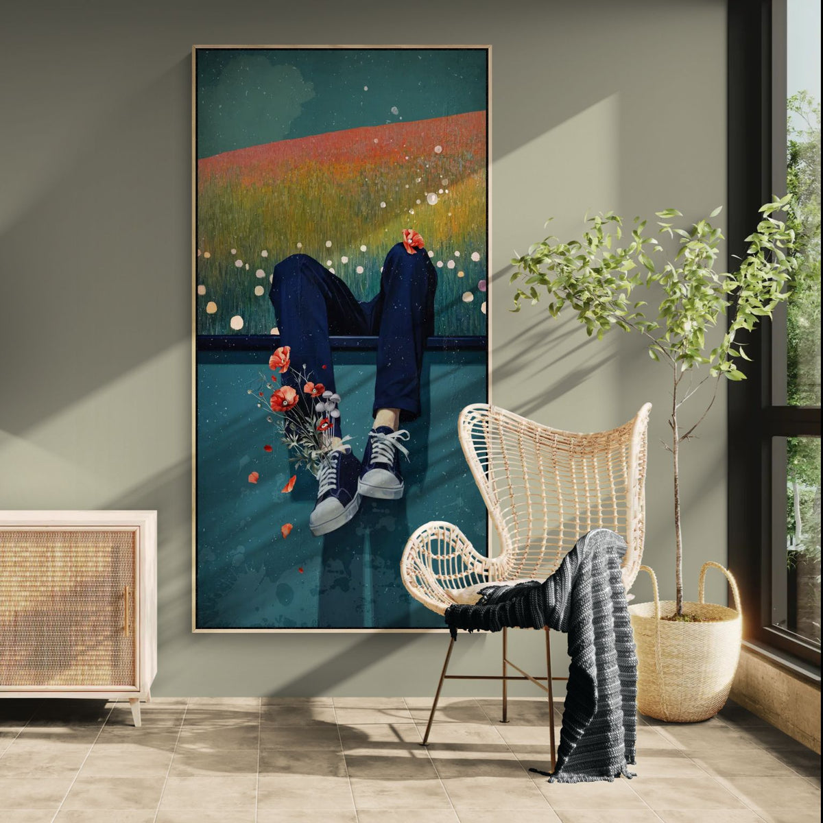surreal figurative wall art in living room with relaxed up-side-down figure and warm landscape tones