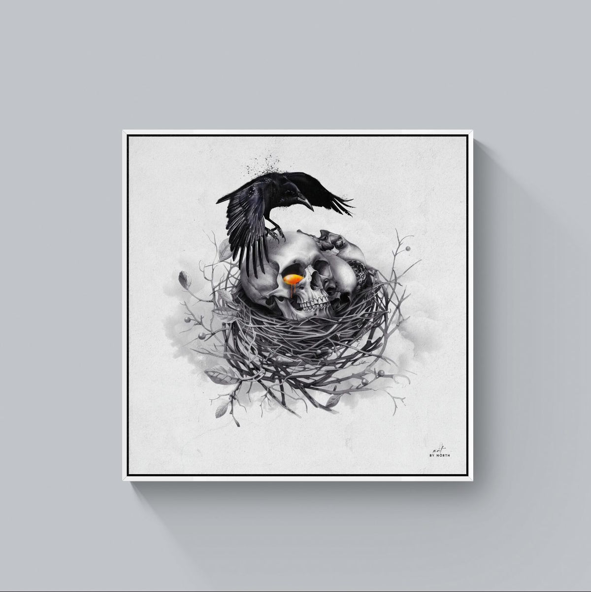 Memento Mori canvas print in white floater frame display