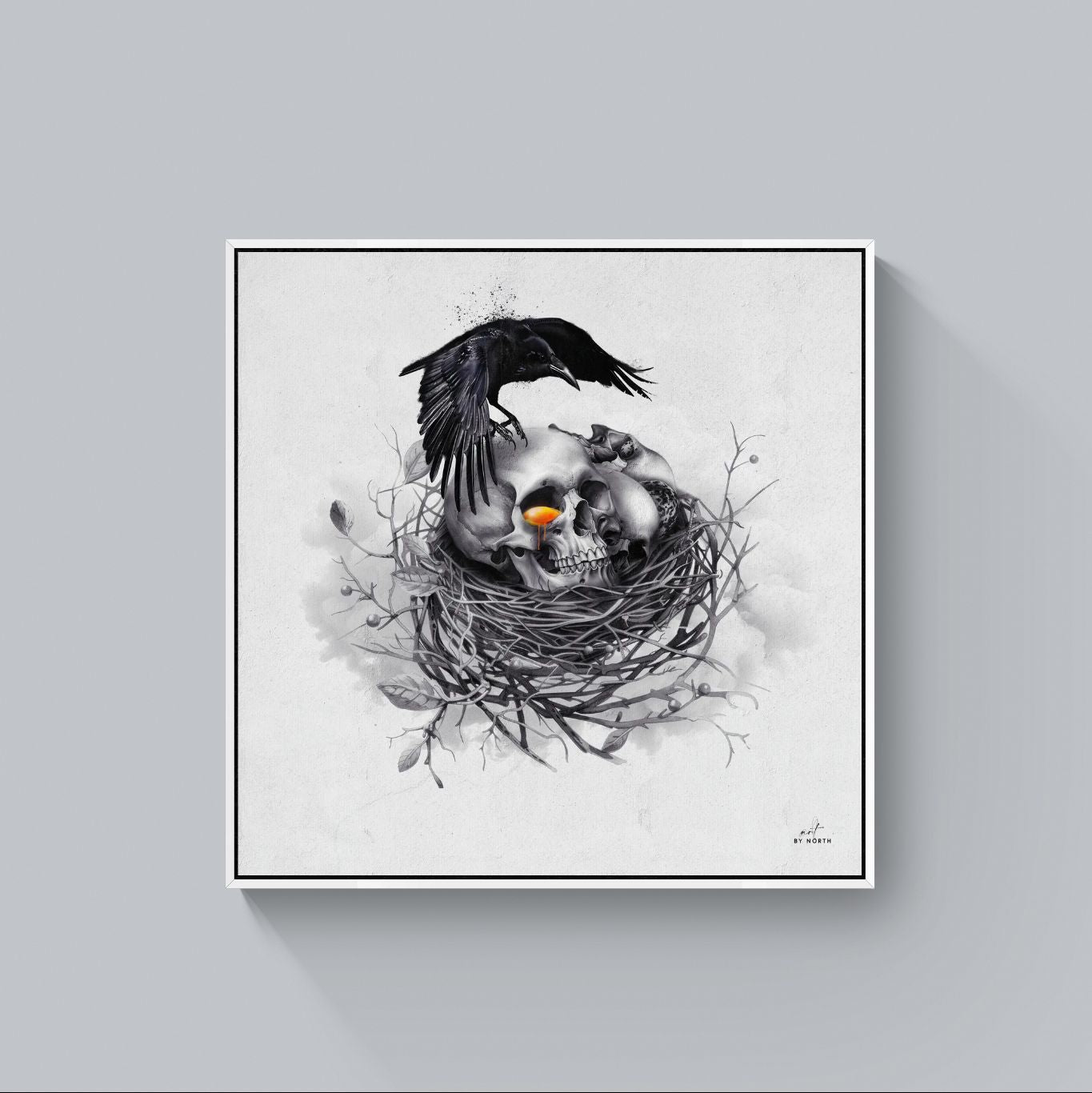 Memento Mori canvas print in white floater frame display