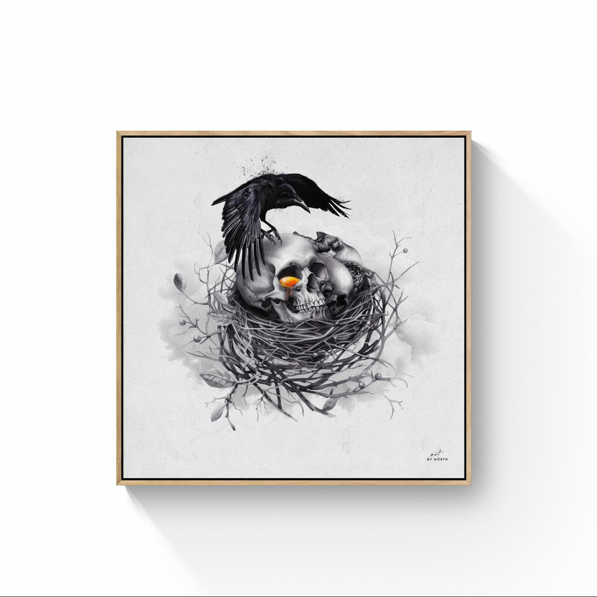 surreal skull canvas wall art with oak floater frame on bright wall