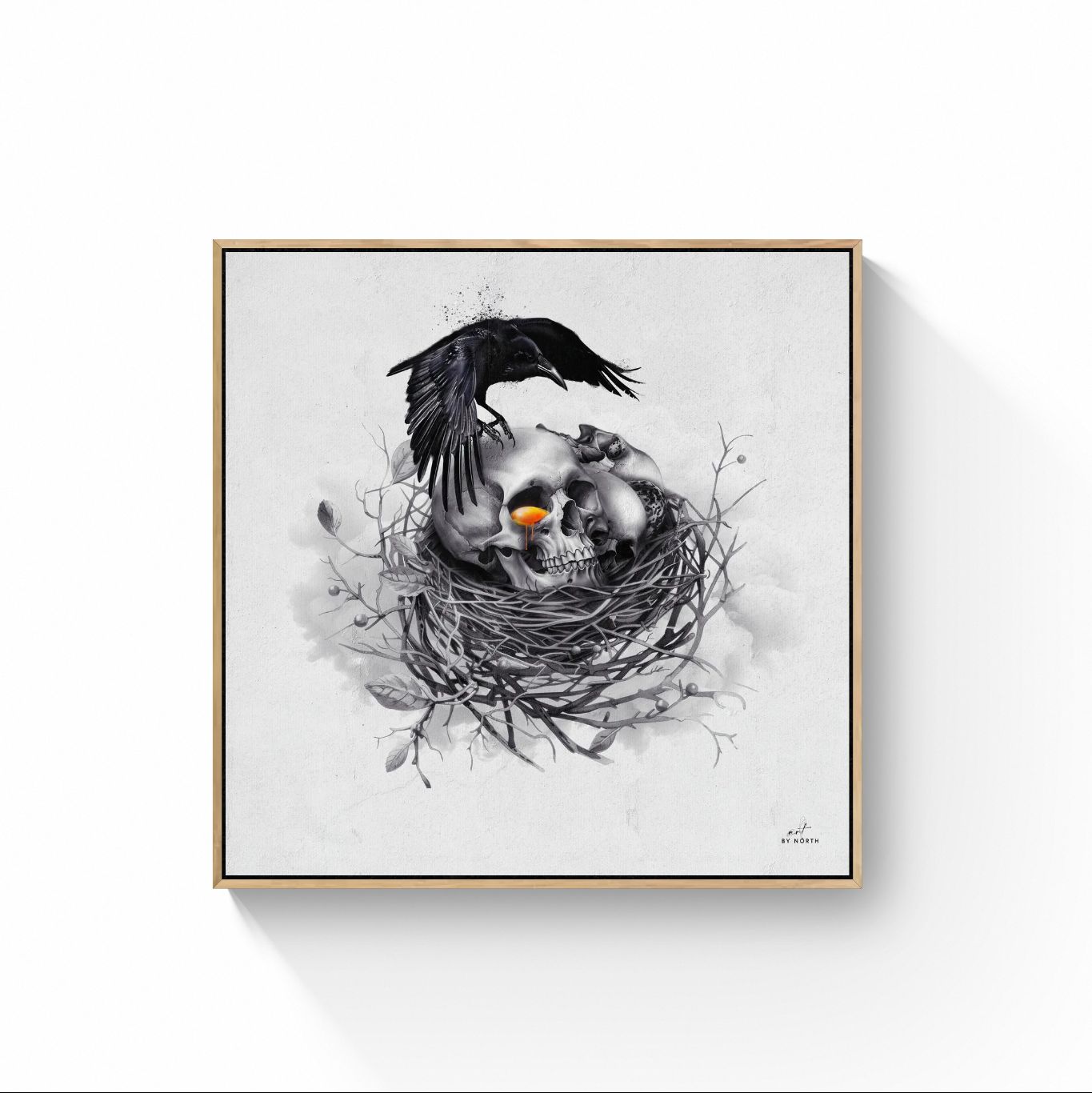surreal skull canvas wall art with oak floater frame on bright wall
