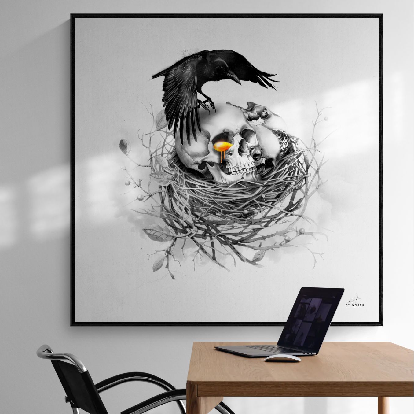 surreal skull canvas wall art in modern office interior with minimal decor and bright wall