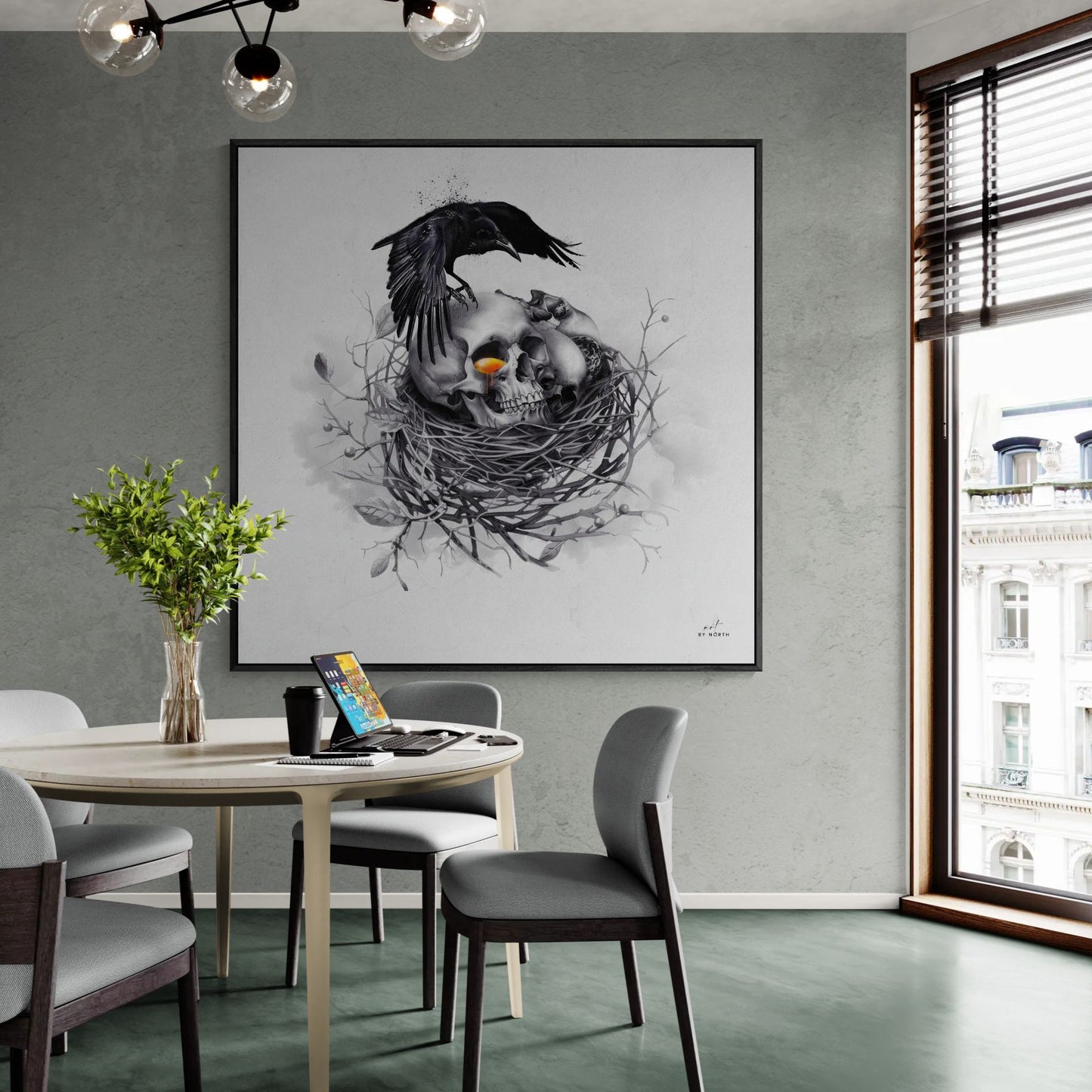 surreal skull canvas wall art in modern living room interior with minimal decor and dark tones