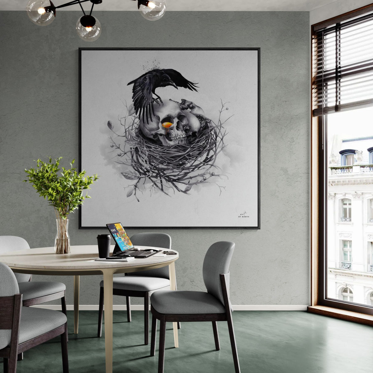 surreal skull canvas wall art in modern living room interior with minimal decor and dark tones