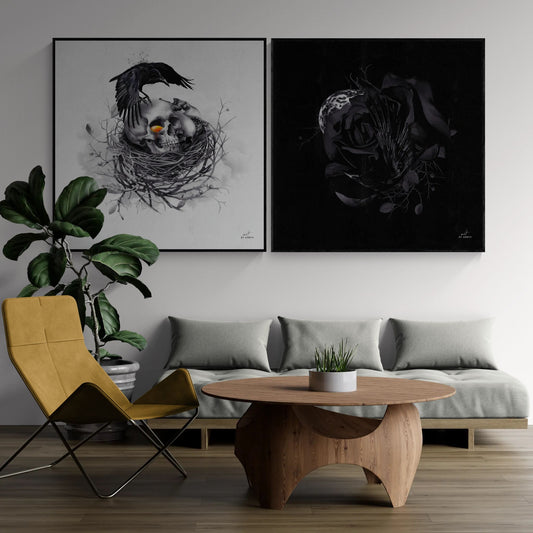 Memento Mori and Umbra Noctis canvas prints displayed side by side in a minimalist grey interior, creating a dark contemporary wall art pair.
